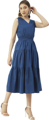 moomaya Women A-line Dark Blue Midi/Calf Length Dress