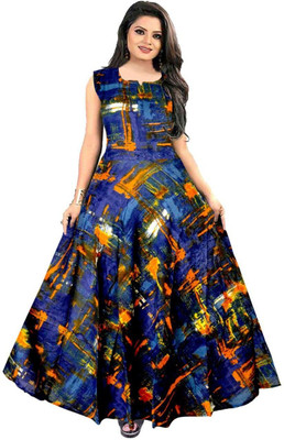 HouseOfCommon Women Fit and Flare Yellow, Black Maxi/Full Length Dress