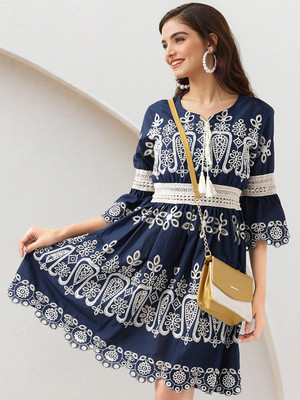 Ishin Women Fit and Flare Dark Blue, White Knee Length Dress