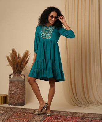 Globus Women A-line Green Above Knee/Mid Thigh Length Dress
