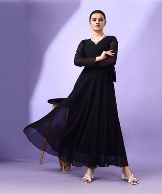 Fashion2wear Women Fit and Flare Black Maxi/Full Length Dress
