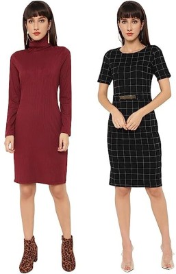 CHKOKKO Women Skater Black, White, Maroon Dress