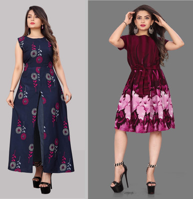tanvi creation Women Fit and Flare Blue Midi/Calf Length Dress