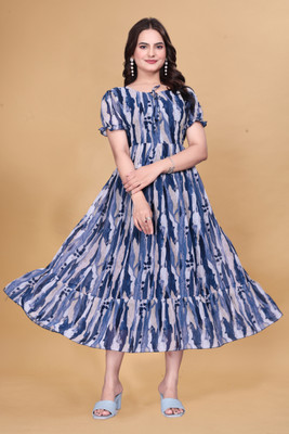 Qena Women Fit and Flare Blue Midi/Calf Length Dress