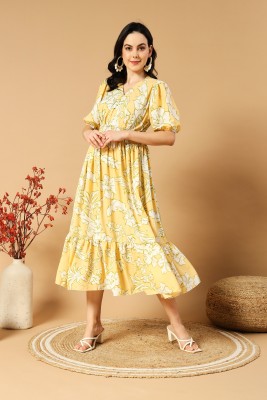 Maa Amar Women Fit and Flare Yellow Dress