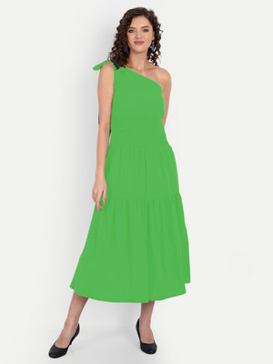 MINGLAY Women Fit and Flare Green Midi/Calf Length Dress