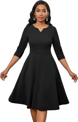 R2S Women A-line Black Knee Length Dress