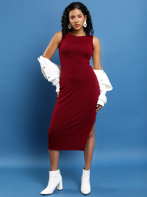 Tokyo Talkies Women Bodycon Maroon Knee Length Dress