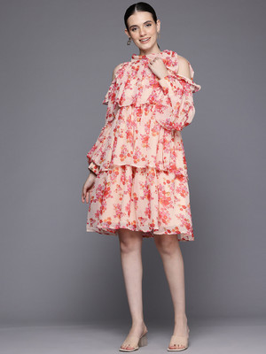 IRONIC CREATION Women Fit and Flare Pink Above Knee/Mid Thigh Length Dress