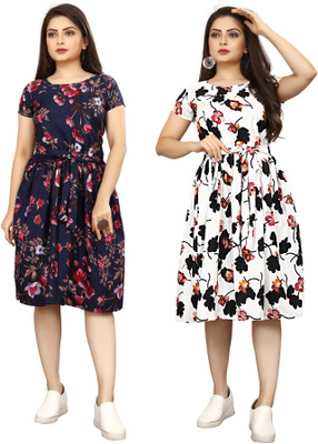 HouseOfCommon Women Fit and Flare Multicolor Below Knee Dress