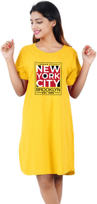 BEFLI Women T Shirt Yellow Above Knee/Mid Thigh Length Dress