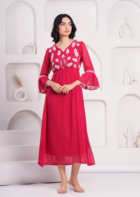JC4U Women Fit and Flare Red Midi/Calf Length Dress