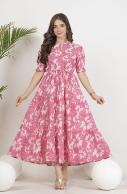 Khejal Women Fit and Flare Pink Below Knee Dress