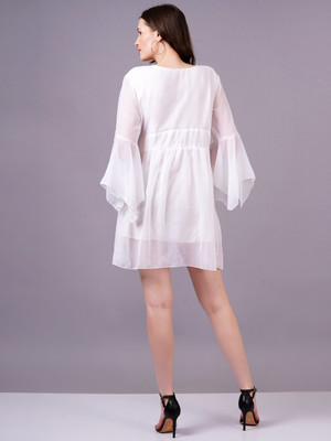 JC4U Women Fit and Flare White Above Knee/Mid Thigh Length Dress