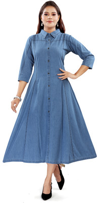 Aprika Women A-line Blue Midi/Calf Length Dress