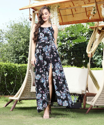 Sera Women Fit and Flare Black Maxi/Full Length Dress