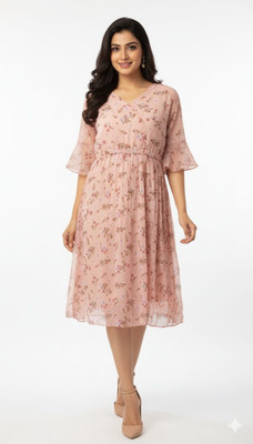 eNub Women Fit and Flare Pink Knee Length Dress