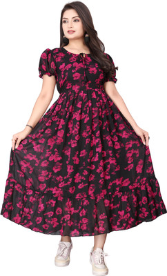 Bhadani Women Maxi Maroon, Black Full Length Dress