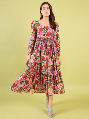 LookShine Women A-line Red Midi/Calf Length Dress
