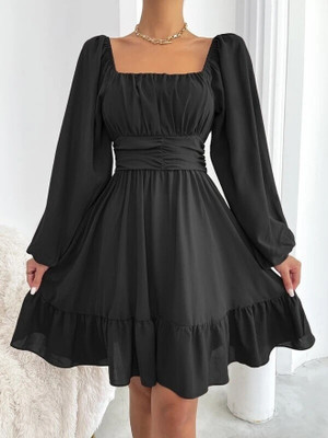laxmigarmnets Women Fit and Flare Black Above Knee/Mid Thigh Length Dress