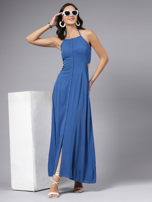 AAYU Women A-line Blue Maxi/Full Length Dress
