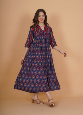 INDIANIC Women Fit and Flare Blue Midi/Calf Length Dress