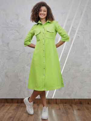 ATHENA Women A-line Light Green Midi/Calf Length Dress