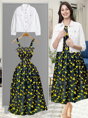 LEETOS Women Fit and Flare Black, White, Yellow Midi/Calf Length Dress