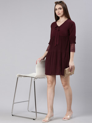 SHOWOFFFF Women Empire Waist Maroon Above Knee/Mid Thigh Length Dress