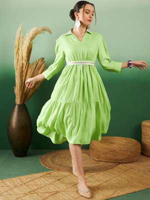 Sangria Women A-line Green Below Knee Dress