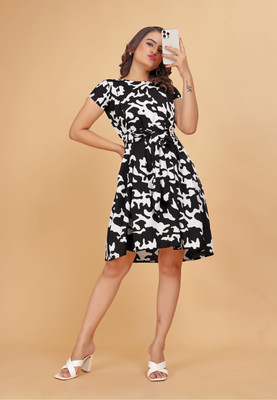 SITARAM FASHIION Women A-line Black, White Knee Length Dress