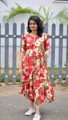 Toflei Women Fit and Flare Red Below Knee Dress