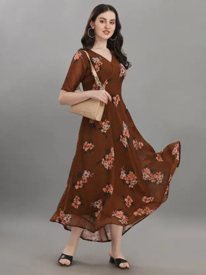 HK SHOPEE Women Fit and Flare Brown Maxi/Full Length Dress
