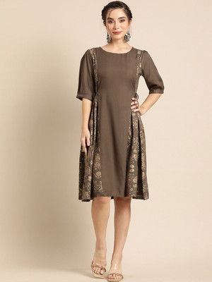 Sangria Women Ethnic Dress Brown Midi/Calf Length Dress