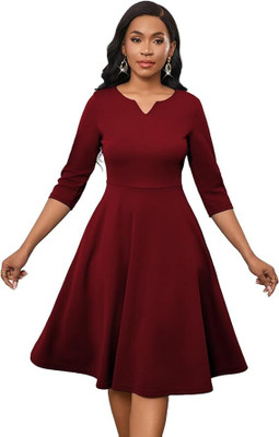 R2S Women A-line Maroon Knee Length Dress
