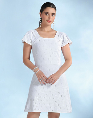 Selvia Women A-line White Above Knee/Mid Thigh Length Dress
