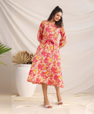 Janasya Women A-line Multicolor Below Knee Dress