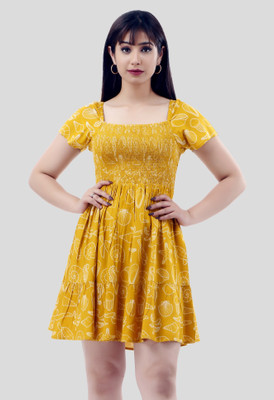 ART OF CLOTHING Women Fit and Flare Yellow Above Knee/Mid Thigh Length Dress