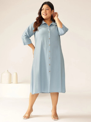 Janasya Women A-line Light Blue Midi/Calf Length Dress