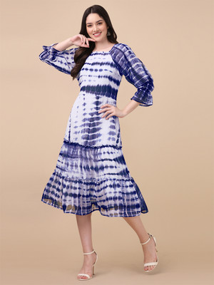 RIEKA Women Fit and Flare Dark Blue, White Midi/Calf Length Dress
