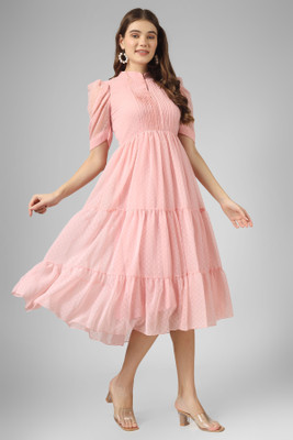 Wownoon Women Fit and Flare Beige Midi/Calf Length Dress