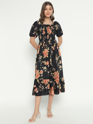 Jash Creation Women Fit and Flare Black Midi/Calf Length Dress