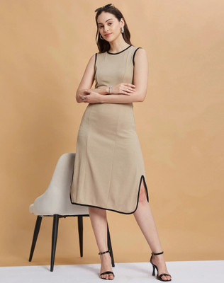 Selvia Women A-line Beige Below Knee Dress
