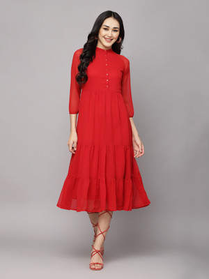 AAYU Women Fit and Flare Red Midi/Calf Length Dress