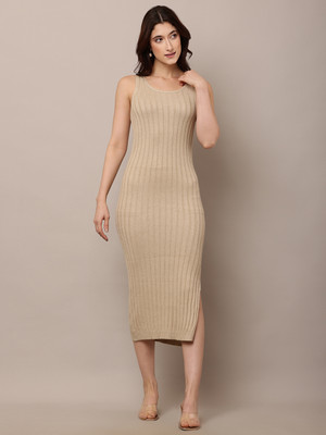 Nobarr Women Bodycon Beige Midi/Calf Length Dress