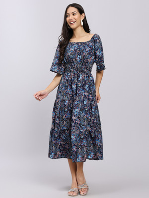 Attire Empire Women A-line Blue Midi/Calf Length Dress
