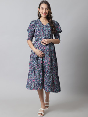 Moms Maternity Women Fit and Flare Light Blue Midi/Calf Length Dress