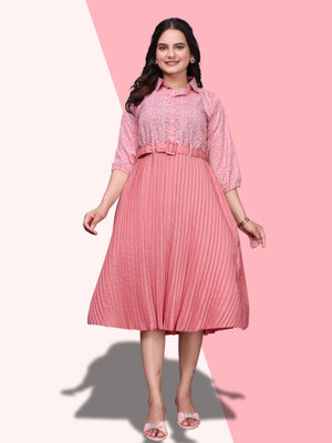 HouseOfCommon Women A-line Pink Below Knee Dress