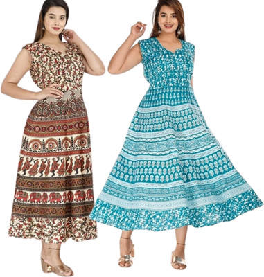 Namokarhub Women Fit and Flare Multicolor Midi/Calf Length Dress