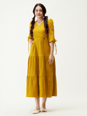 AASK Women Fit and Flare Yellow Ankle Length Dress